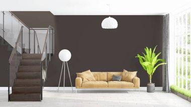 Modern parlak iç. 3D render