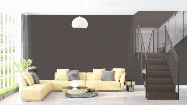 Modern parlak iç. 3D render
