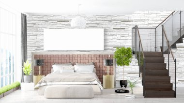 Boş çerçeve ile modern parlak iç. 3D render
