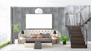Boş çerçeve ile modern parlak iç. 3D render
