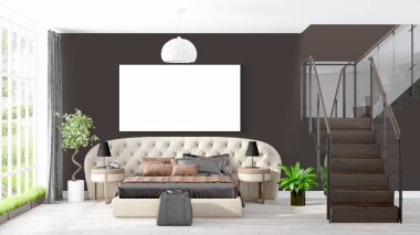 Boş çerçeve ile modern parlak iç. 3D render