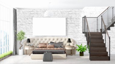 Boş çerçeve ile modern parlak iç. 3D render