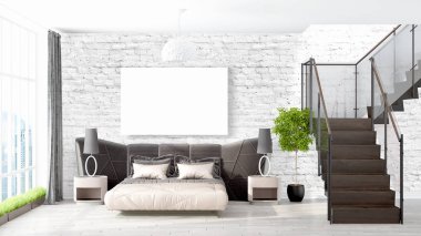 Boş çerçeve ile modern parlak iç. 3D render
