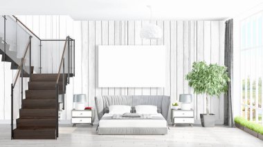 Boş çerçeve ile modern parlak iç. 3D render