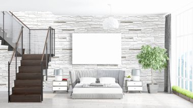 Boş çerçeve ile modern parlak iç. 3D render