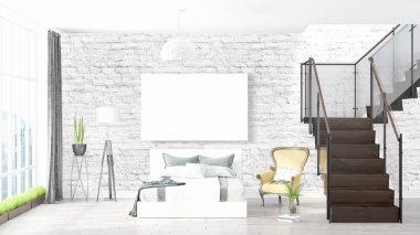 Boş çerçeve ile modern parlak iç. 3D render