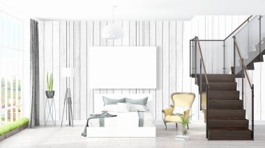 Boş çerçeve ile modern parlak iç. 3D render