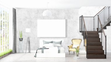 Boş çerçeve ile modern parlak iç. 3D render
