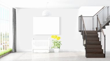 Boş çerçeve ile modern parlak iç. 3D render