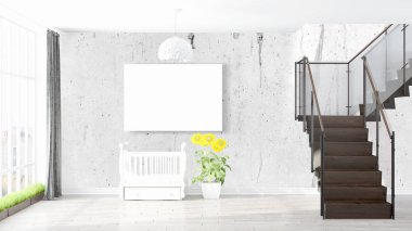 Boş çerçeve ile modern parlak iç. 3D render