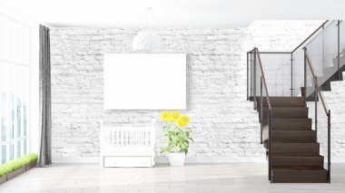 Boş çerçeve ile modern parlak iç. 3D render