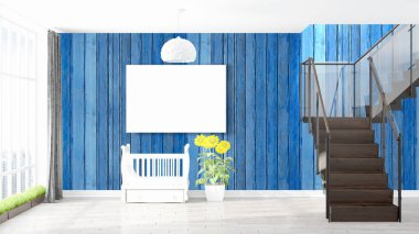 Boş çerçeve ile modern parlak iç. 3D render