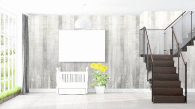 Boş çerçeve ile modern parlak iç. 3D render
