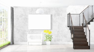 Boş çerçeve ile modern parlak iç. 3D render