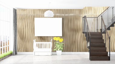 Boş çerçeve ile modern parlak iç. 3D render