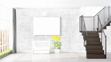Boş çerçeve ile modern parlak iç. 3D render