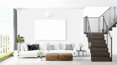 Boş çerçeve ile modern parlak iç. 3D render