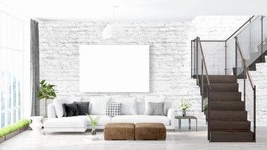 Boş çerçeve ile modern parlak iç. 3D render