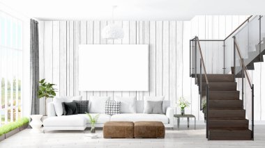Boş çerçeve ile modern parlak iç. 3D render