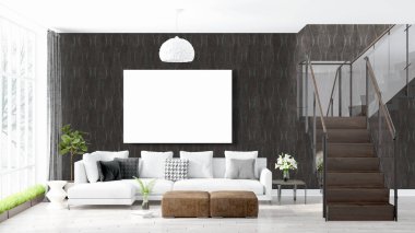 Boş çerçeve ile modern parlak iç. 3D render