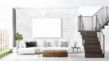 Boş çerçeve ile modern parlak iç. 3D render