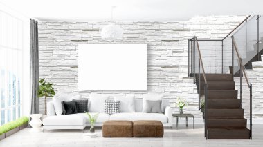 Boş çerçeve ile modern parlak iç. 3D render