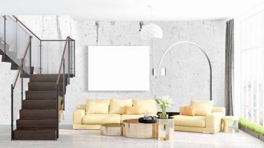 Boş çerçeve ile modern parlak iç. 3D render