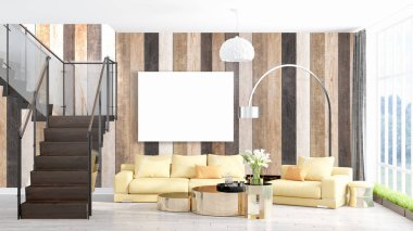 Boş çerçeve ile modern parlak iç. 3D render