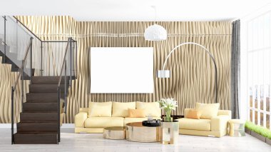 Boş çerçeve ile modern parlak iç. 3D render