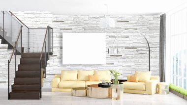 Boş çerçeve ile modern parlak iç. 3D render