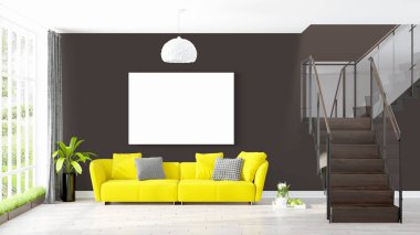 Boş çerçeve ile modern parlak iç. 3D render