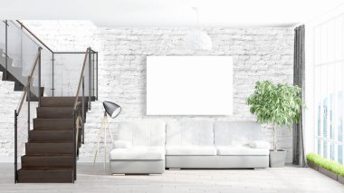 Boş çerçeve ile modern parlak iç. 3D render