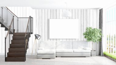 Boş çerçeve ile modern parlak iç. 3D render