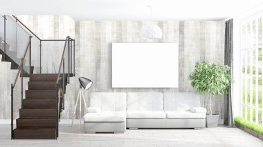 Boş çerçeve ile modern parlak iç. 3D render