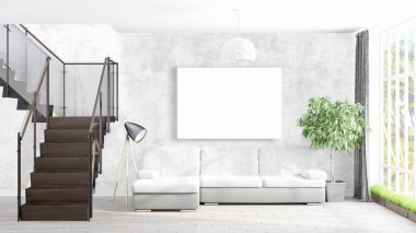 Boş çerçeve ile modern parlak iç. 3D render