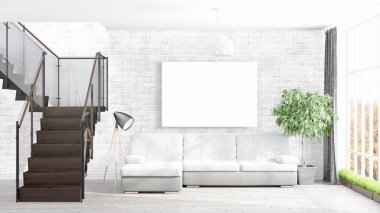 Boş çerçeve ile modern parlak iç. 3D render