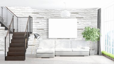 Boş çerçeve ile modern parlak iç. 3D render