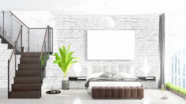 Moderne lichte interieur met lege kader. 3D-rendering — Stockfoto