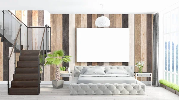 Moderno interno luminoso con cornice vuota. Rendering 3D — Foto Stock