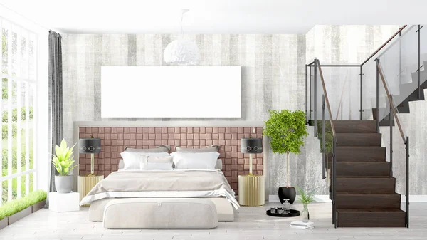 Moderne lichte interieur met lege kader. 3D-rendering — Stockfoto