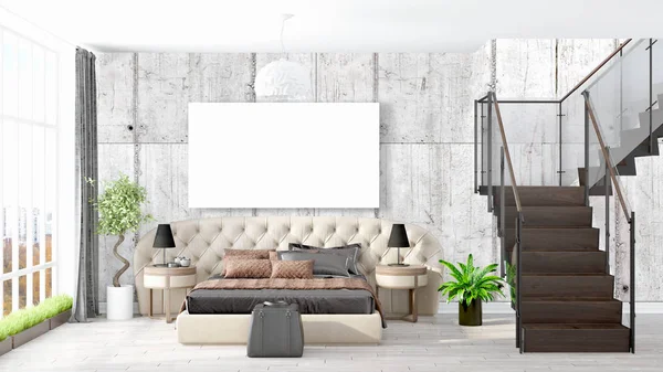 Moderne lichte interieur met lege kader. 3D-rendering — Stockfoto