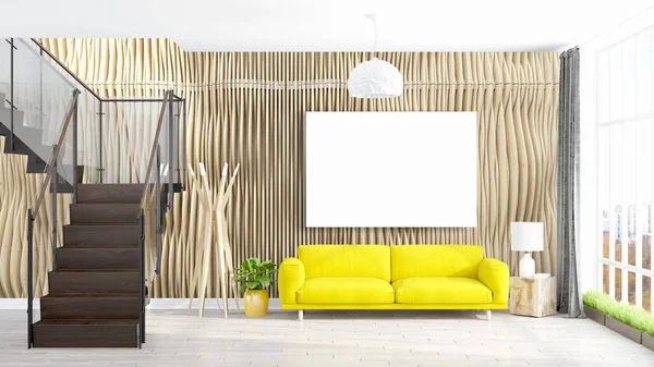 Interior moderno y luminoso con marco vacío. Renderizado 3D — Foto de Stock