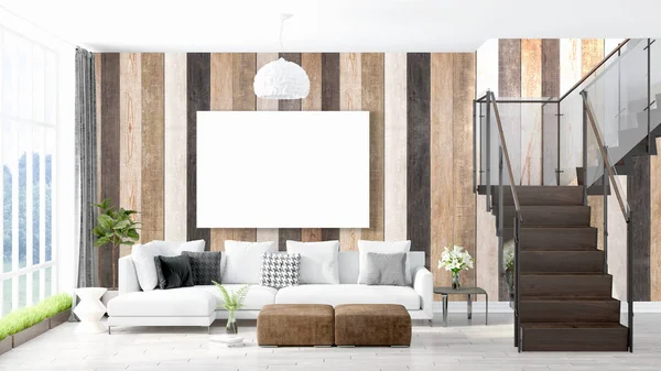 Moderne lichte interieur met lege kader. 3D-rendering — Stockfoto