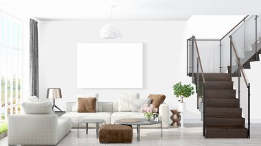 Boş çerçeve ile modern parlak iç. 3D render