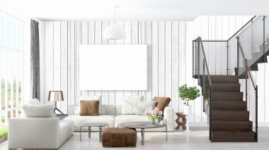 Boş çerçeve ile modern parlak iç. 3D render