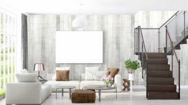 Boş çerçeve ile modern parlak iç. 3D render