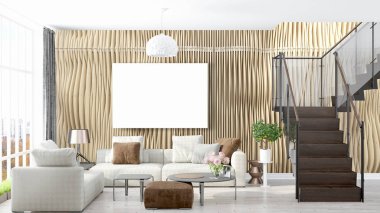 Boş çerçeve ile modern parlak iç. 3D render