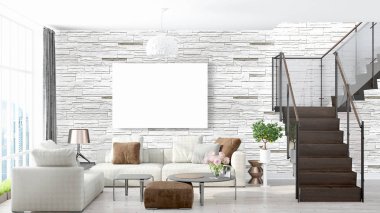 Boş çerçeve ile modern parlak iç. 3D render