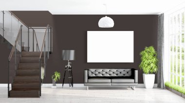 Boş çerçeve ile modern parlak iç. 3D render