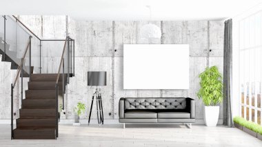 Boş çerçeve ile modern parlak iç. 3D render